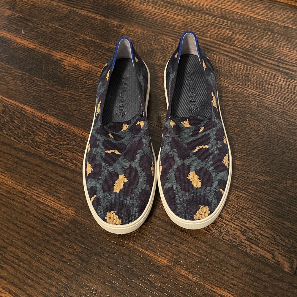 Rothy’s Blue/Green Cheetah Slip Ons